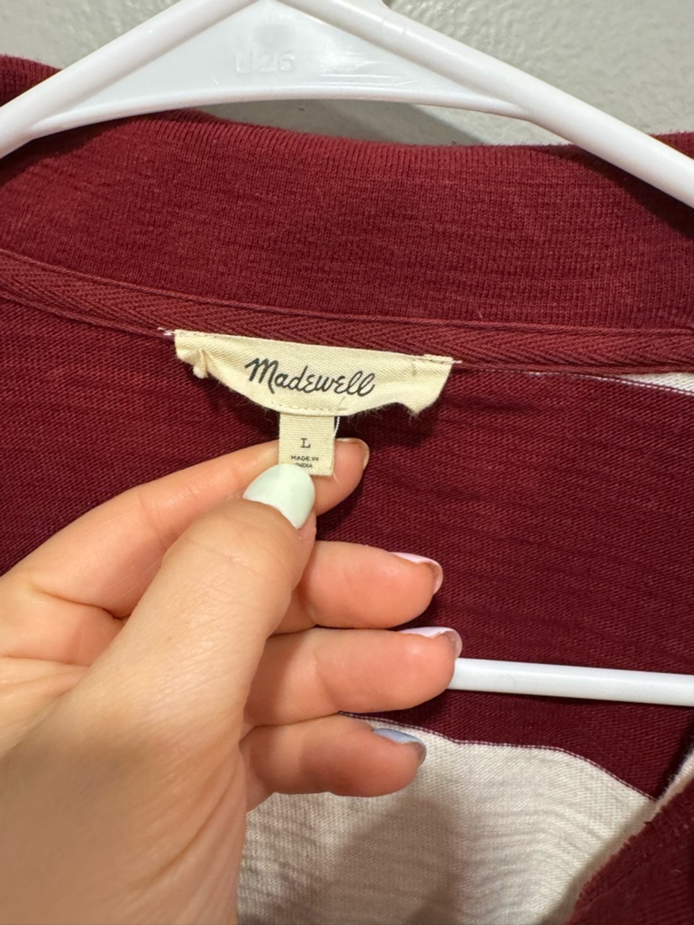 Madewell Stripe Long Sleeve Rugby Shirt in Maroon and White Size Large - Picture 2 of 5